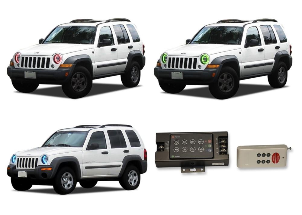 Jeep-Liberty-2002, 2003, 2004, 2005, 2006, 2007-LED-Halo-Headlights-RGB-RF Remote-JE-LI0207-V3HRF
