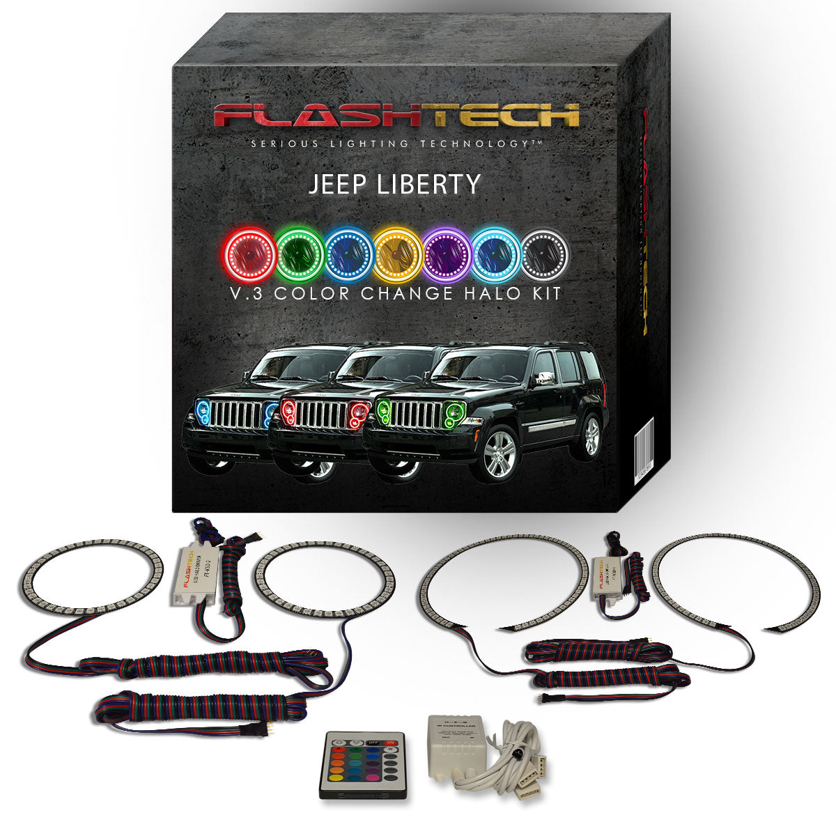 Jeep-Liberty-2008, 2009, 2010, 2011, 2012, 2013-LED-Halo-Headlights-RGB-Bluetooth RF Remote-JE-LI0813-V3HBTRF