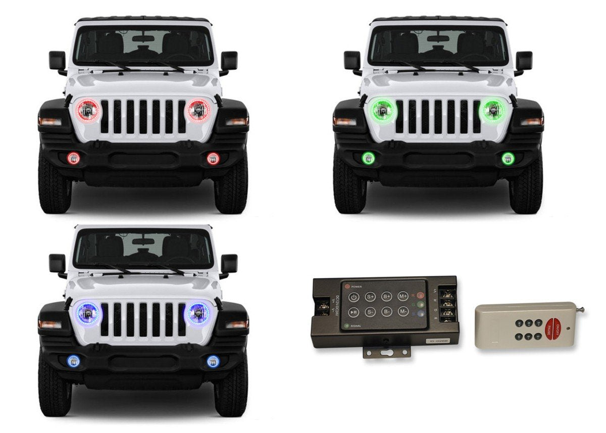 Jeep-Wrangler-2018, 2019-LED-Halo-Headlights and Fog Lights-RGB-RF Remote-JE-WR18JL-V3HFRF