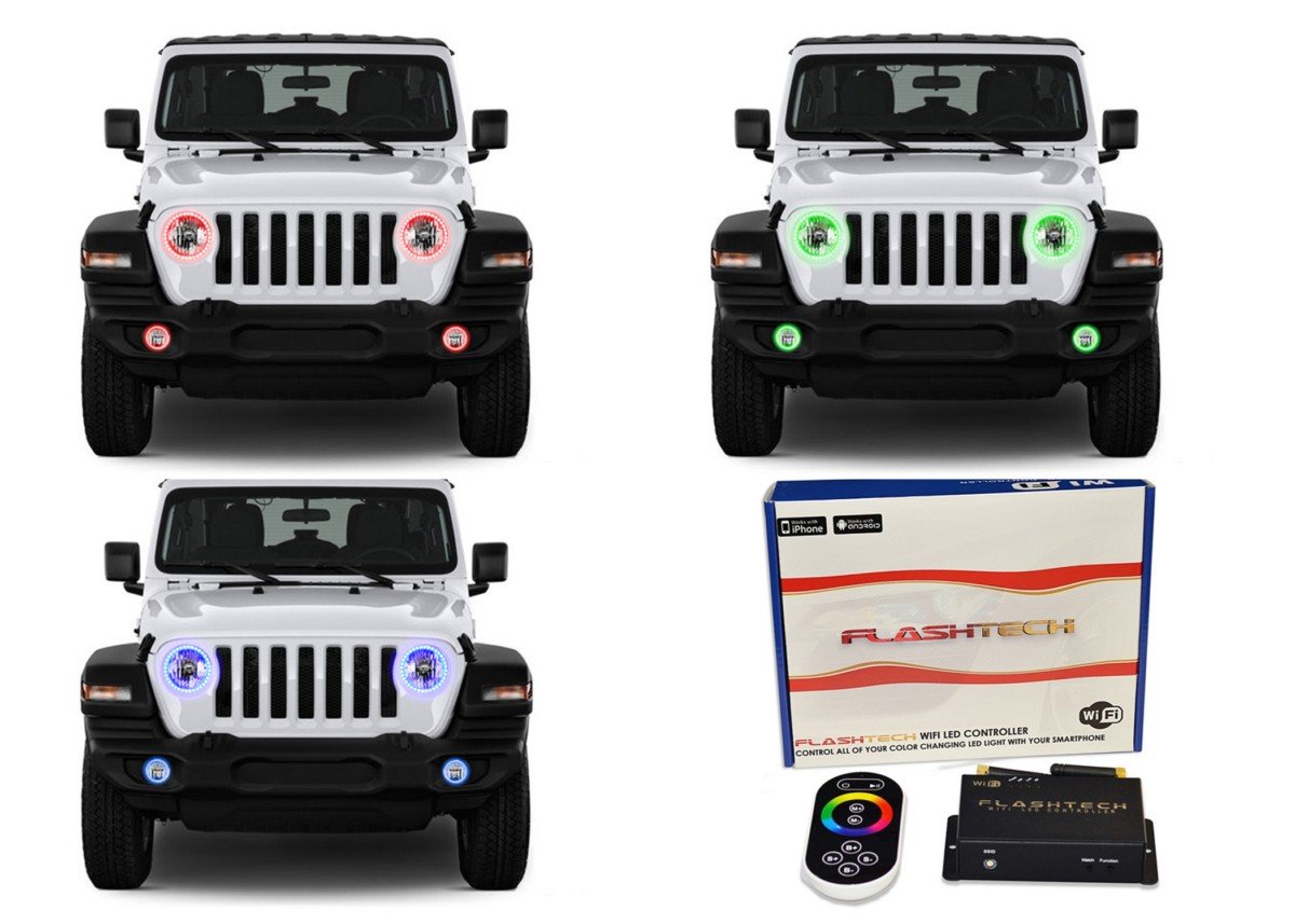 Jeep-Wrangler-2018, 2019-LED-Halo-Headlights and Fog Lights-RGB-WiFi Remote-JE-WR18JL-V3HFWI
