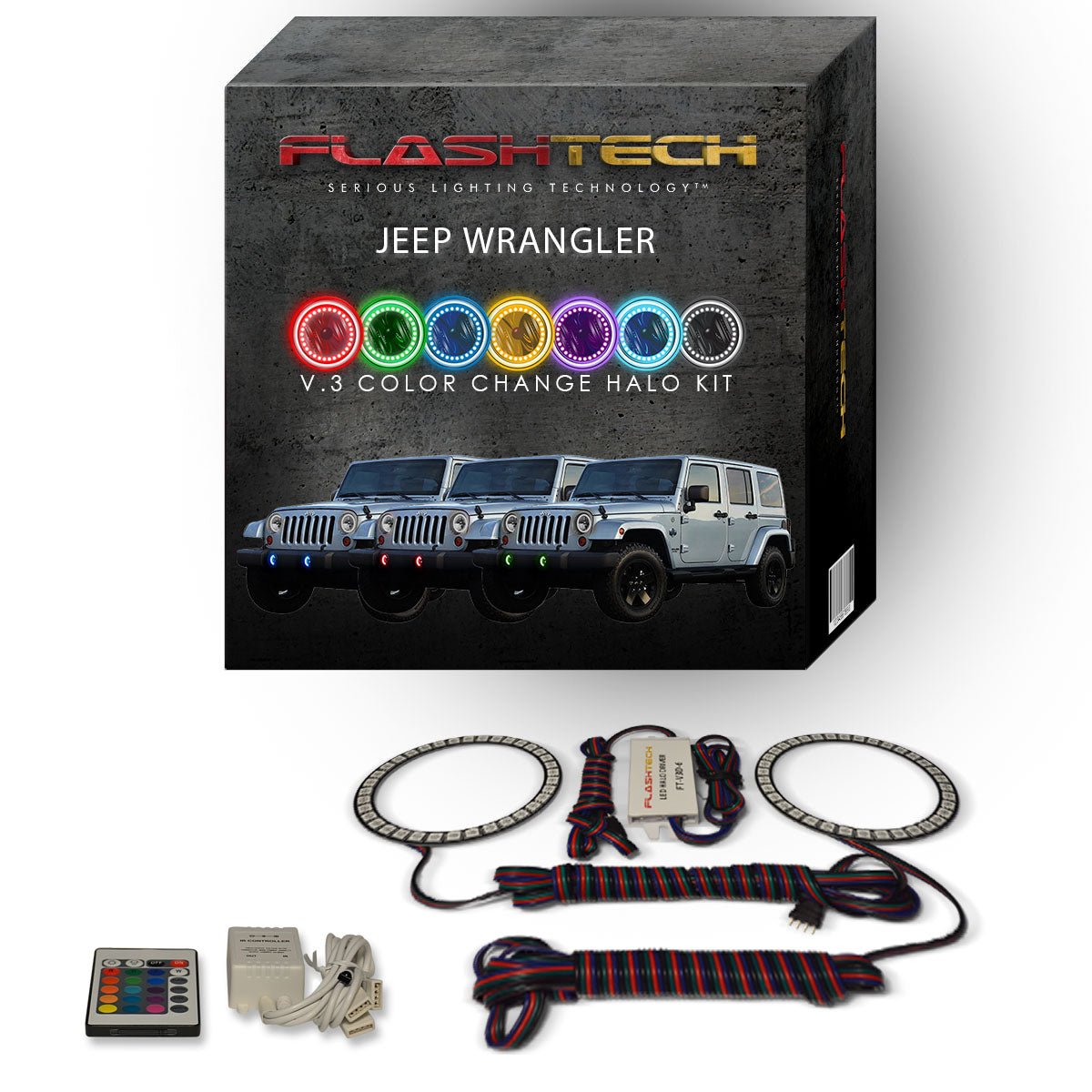 Jeep-Wrangler-2007, 2008, 2009, 2010, 2011, 2012, 2013, 2014, 2015, 2016, 2017-LED-Halo-Fog Lights-RGB-Bluetooth RF Remote-JE-WR9715-V3FBTRF