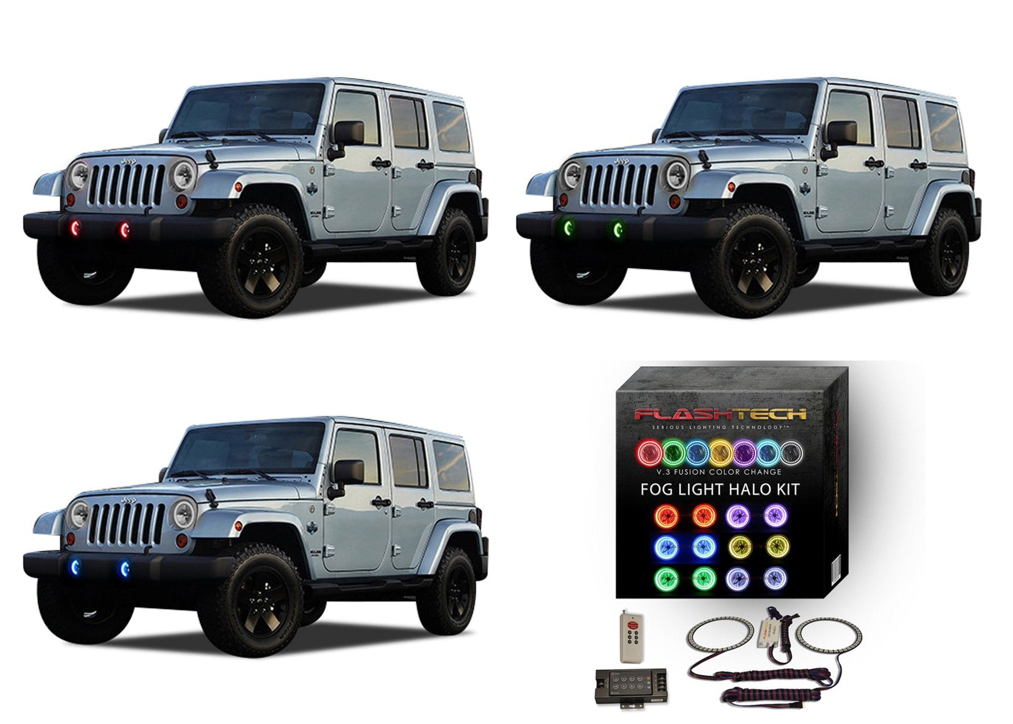 Jeep-Wrangler-2007, 2008, 2009, 2010, 2011, 2012, 2013, 2014, 2015, 2016, 2017-LED-Halo-Fog Lights-RGB-RF Remote-JE-WR9715-V3FRF