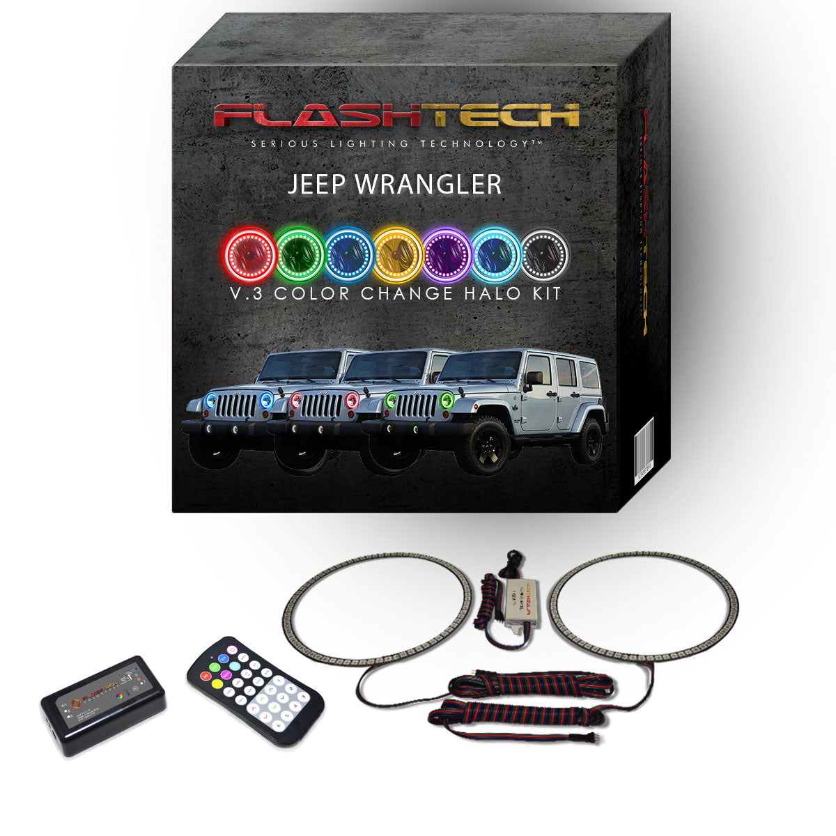 Jeep-Wrangler-2007, 2008, 2009, 2010, 2011, 2012, 2013, 2014, 2015, 2016, 2017-LED-Halo-Headlights-RGB-Bluetooth RF Remote-JE-WR9715-V3HBTRF