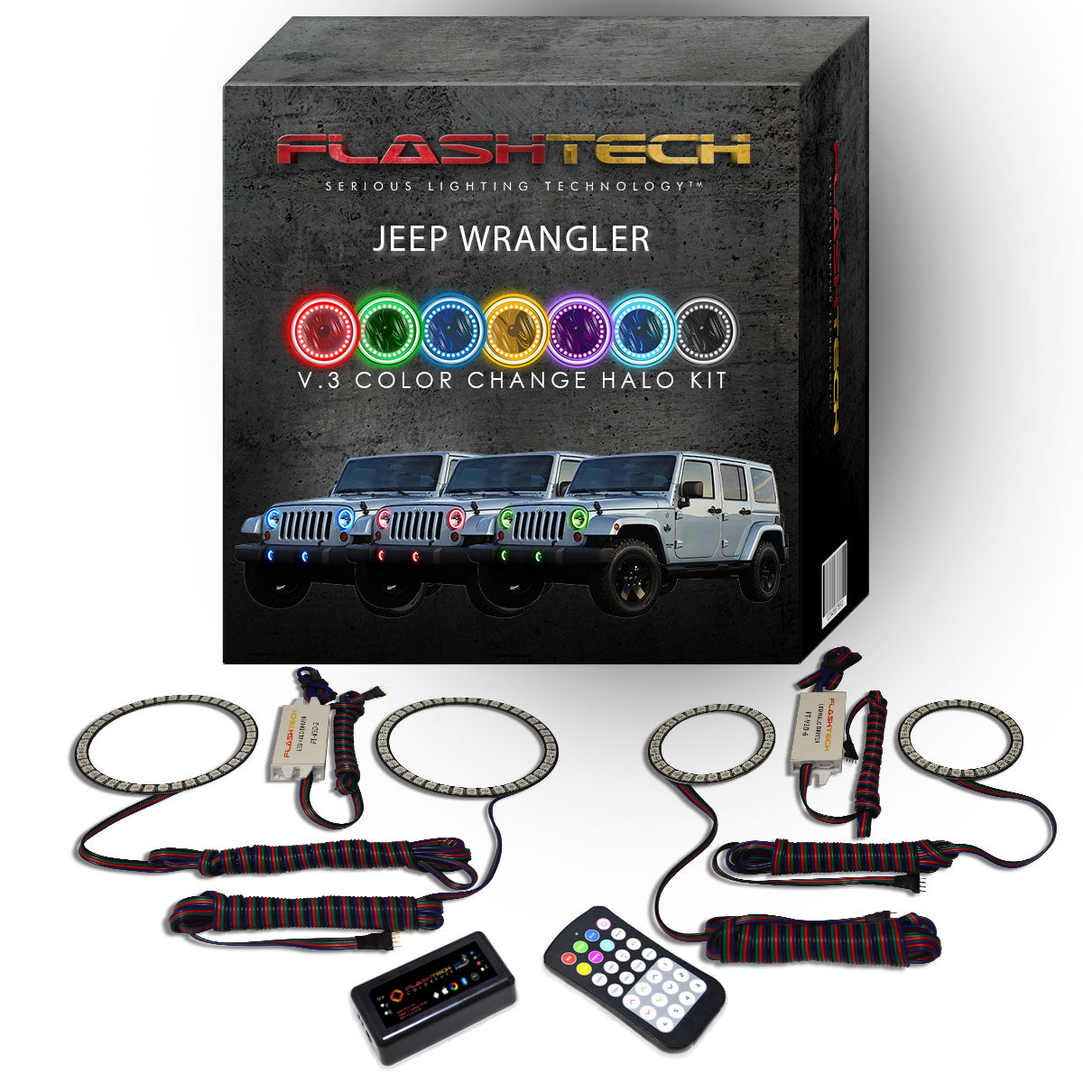 Jeep-Wrangler-2007, 2008, 2009, 2010, 2011, 2012, 2013, 2014, 2015, 2016, 2017-LED-Halo-Headlights and Fog Lights-RGB-Bluetooth RF Remote-JE-WR9715-V3HFBTRF