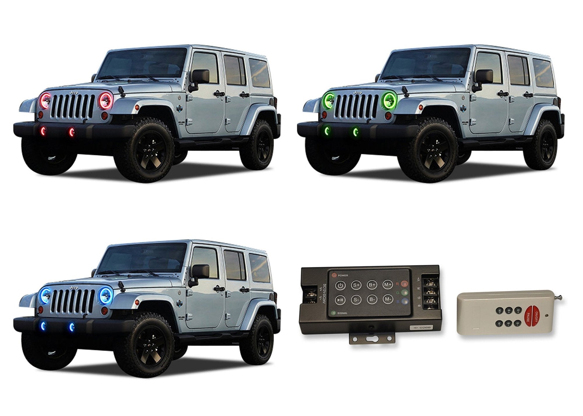 Jeep-Wrangler-2007, 2008, 2009, 2010, 2011, 2012, 2013, 2014, 2015, 2016, 2017-LED-Halo-Headlights and Fog Lights-RGB-RF Remote-JE-WR9715-V3HFRF