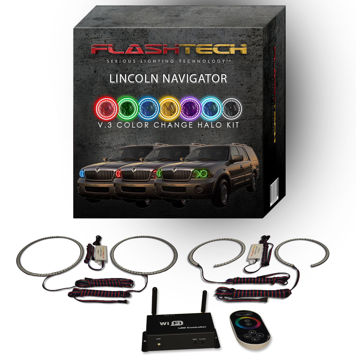 Lincoln-Navigator-2003, 2004, 2005, 2006-LED-Halo-Headlights-RGB-IR Remote-LI-NV0306-V3HIR