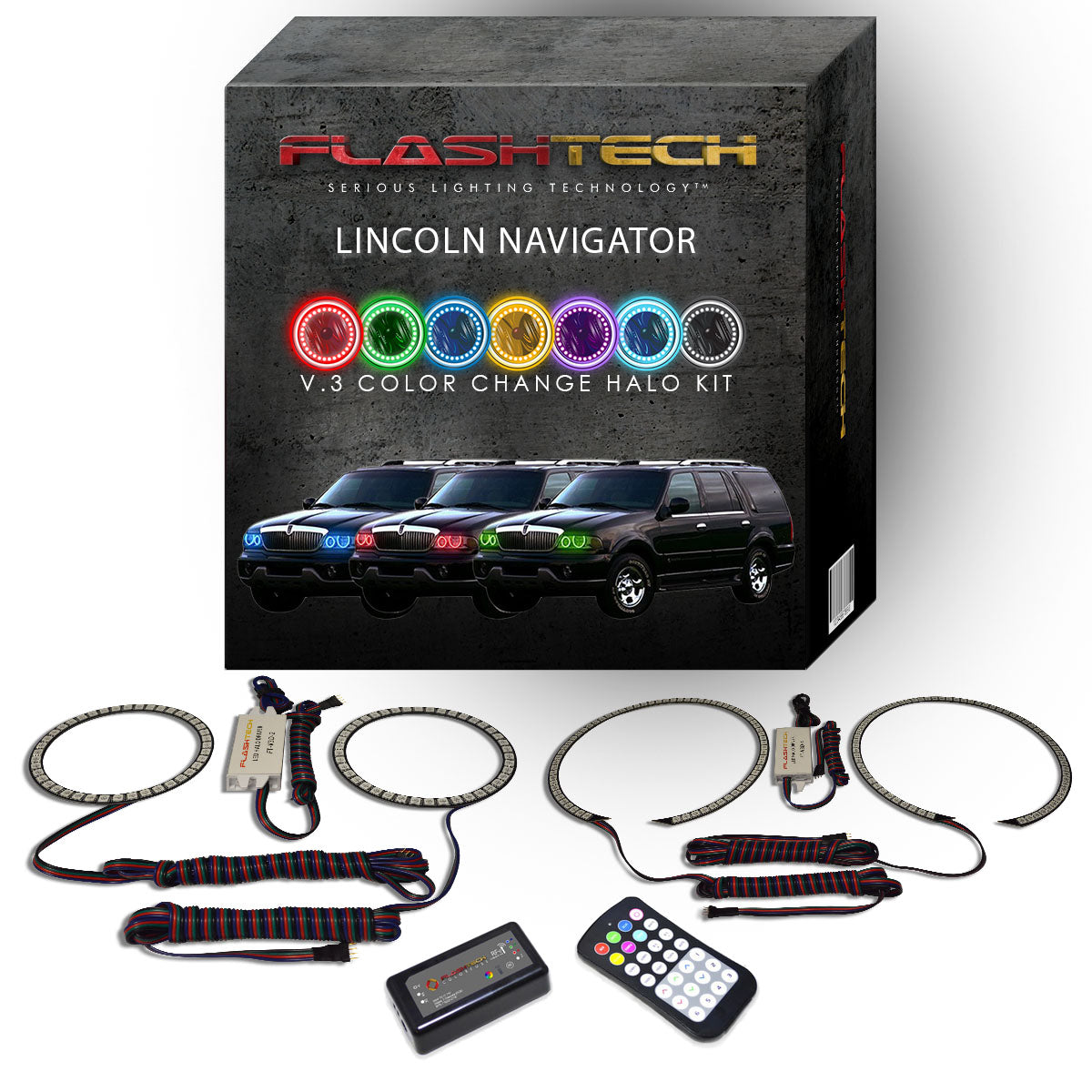 Lincoln-Navigator-1998, 1999, 2000, 2001, 2002-LED-Halo-Headlights-RGB-RF Remote-LI-NV9802-V3HRF