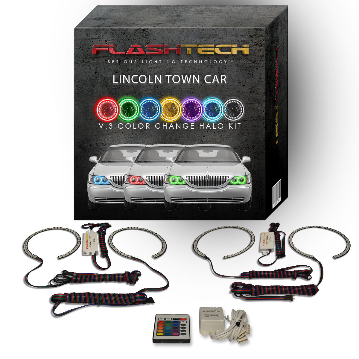 Lincoln-Town Car-2005, 2006, 2007, 2008, 2009, 2010, 2011-LED-Halo-Headlights-RGB-Bluetooth RF Remote-LI-TC0511-V3HBTRF