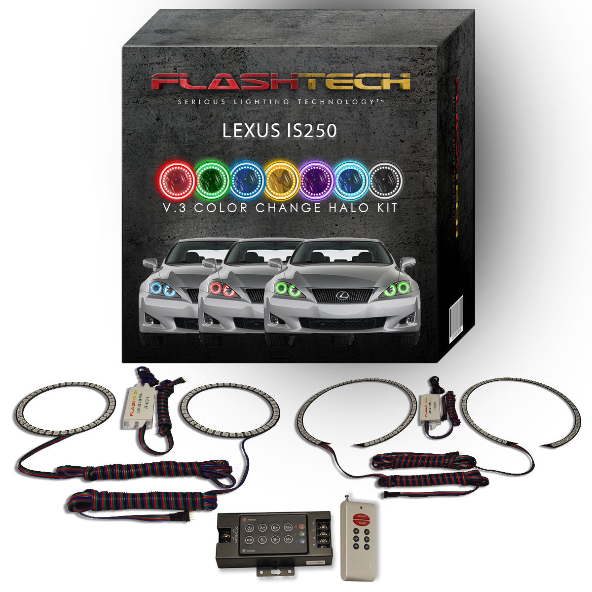 Lexus-IS250-2006, 2007, 2008-LED-Halo-Headlights-RGB-IR Remote-LX-IS2500608-V3HIR
