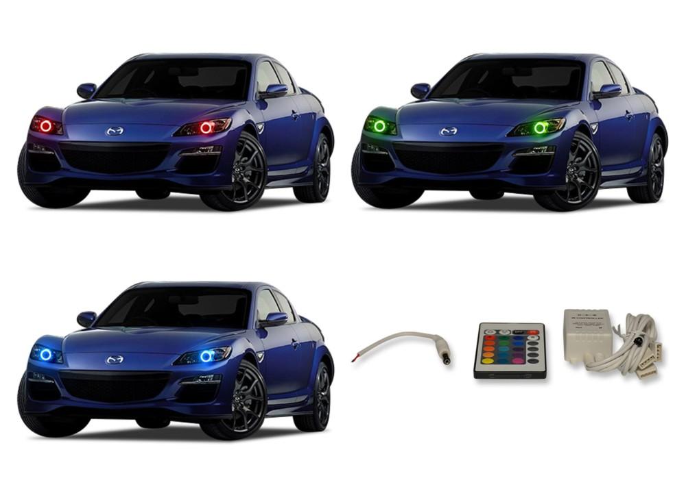 Mazda-RX8-2004, 2005, 2006, 2007, 2008-LED-Halo-Headlights-RGB-IR Remote-MA-RX80408-V3HIR