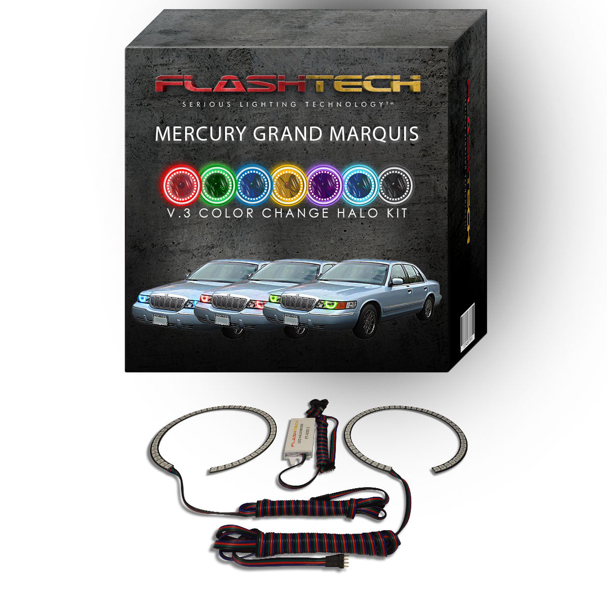 Mercury-Grand Marquis-1998, 1999, 2000, 2001, 2002-LED-Halo-Headlights-RGB-No Remote-ME-GM9802-V3H