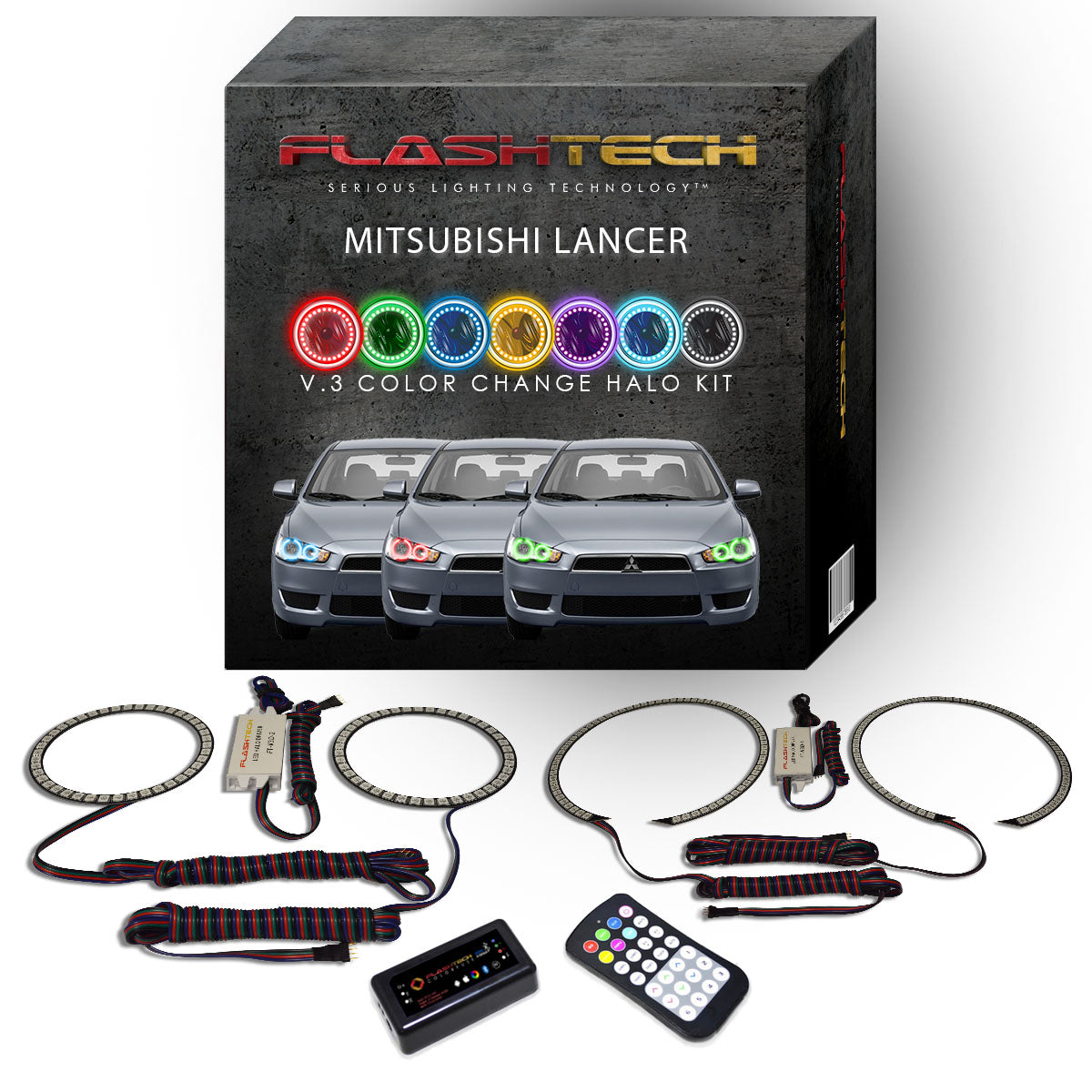 Mitsubishi-Lancer-2008, 2009, 2010, 2011, 2012, 2013, 2014, 2015, 2016-LED-Halo-Headlights-RGB-Bluetooth RF Remote-MI-LA0814-V3HBTRF