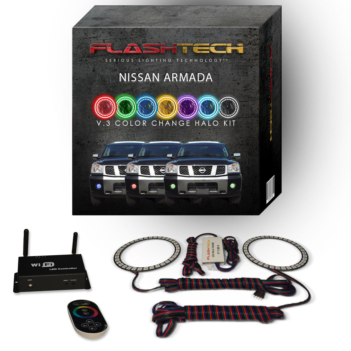 Nissan-Armada-2004, 2005, 2006, 2007-LED-Halo-Fog Lights-RGB-Bluetooth RF Remote-NI-AR0407-V3FBTRF