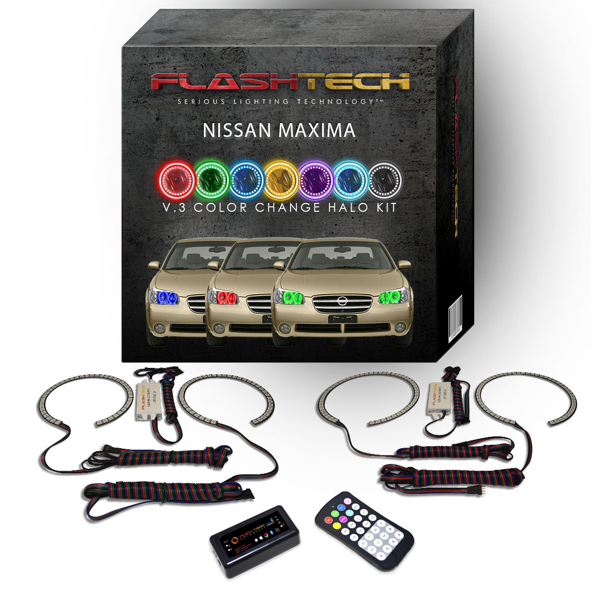 Nissan-Maxima-2002, 2003-LED-Halo-Headlights-RGB-IR Remote-NI-MX0203-V3HIR