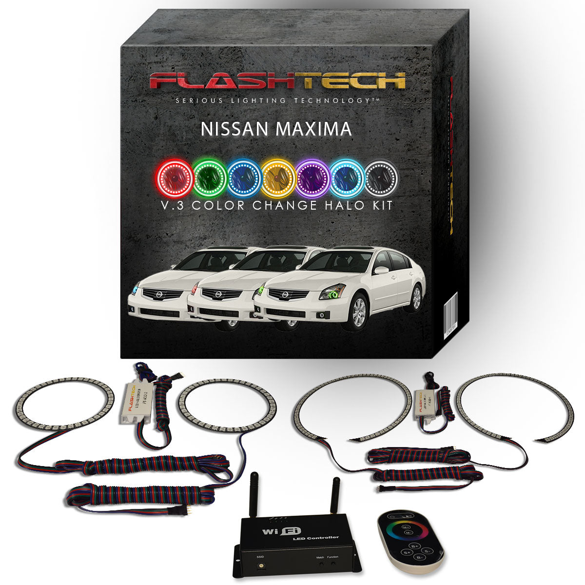 Nissan-Maxima-2007, 2008-LED-Halo-Headlights-RGB-IR Remote-NI-MX0708-V3HIR