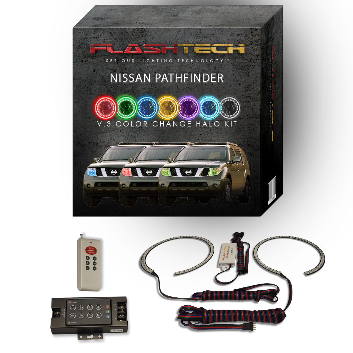 Nissan-Pathfinder-2005, 2006, 2007, 2008, 2009, 2010, 2011, 2012-LED-Halo-Headlights-RGB-IR Remote-NI-PF0512-V3HIR