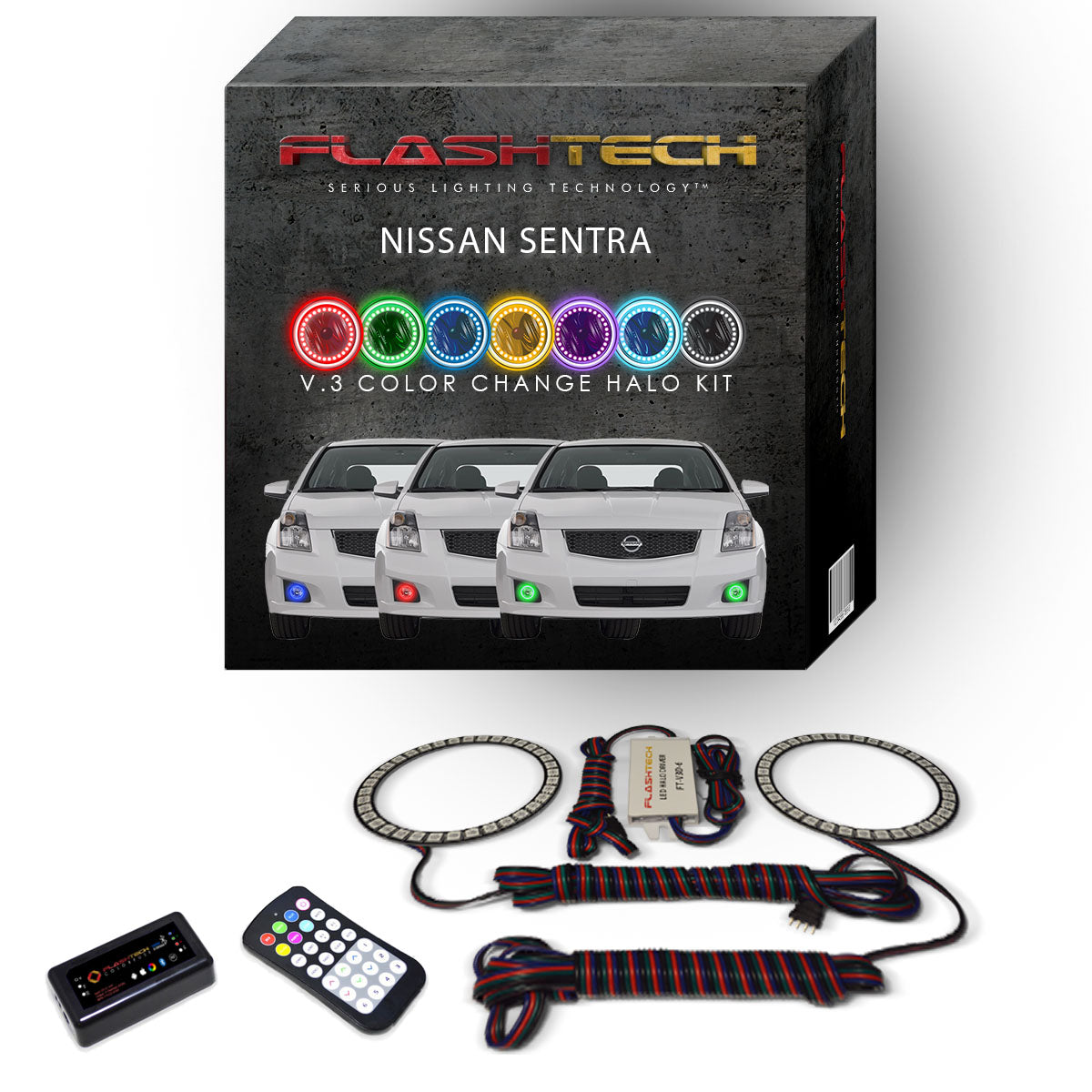 Nissan-Sentra-2007, 2008, 2009, 2010, 2011-LED-Halo-Fog Lights-RGB-Bluetooth RF Remote-NI-SE0711-V3FBTRF