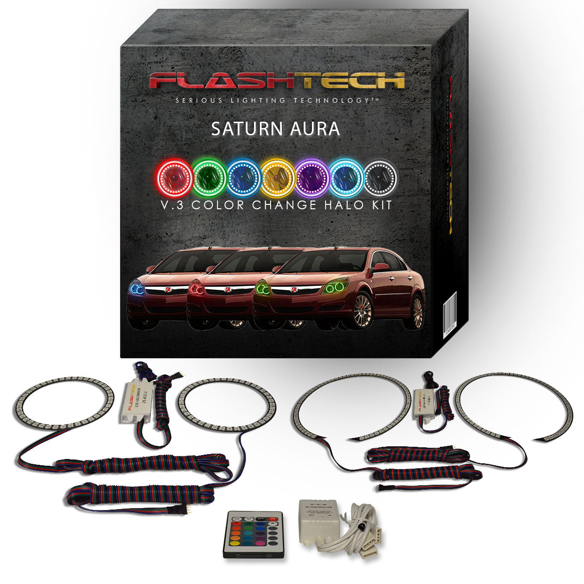 Saturn-Aura-2007, 2008, 2009-LED-Halo-Headlights-RGB-Bluetooth RF Remote-ST-AU0709-V3HBTRF