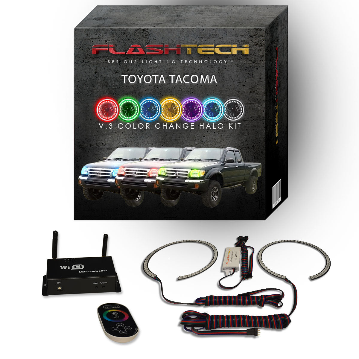 Toyota-Tacoma-1998, 1999, 2000-LED-Halo-Headlights-RGB-IR Remote-TO-TA9800-V3HIR