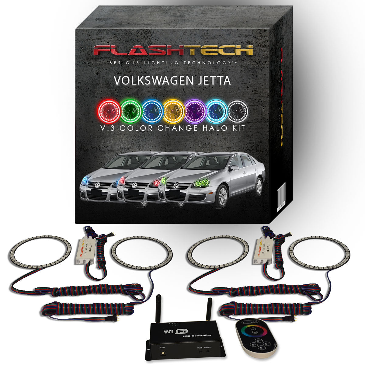 Volkswagen-Jetta-2005, 2006, 2007, 2008, 2009, 2010-LED-Halo-Headlights-RGB-IR Remote-VW-JT0510-V3HIR
