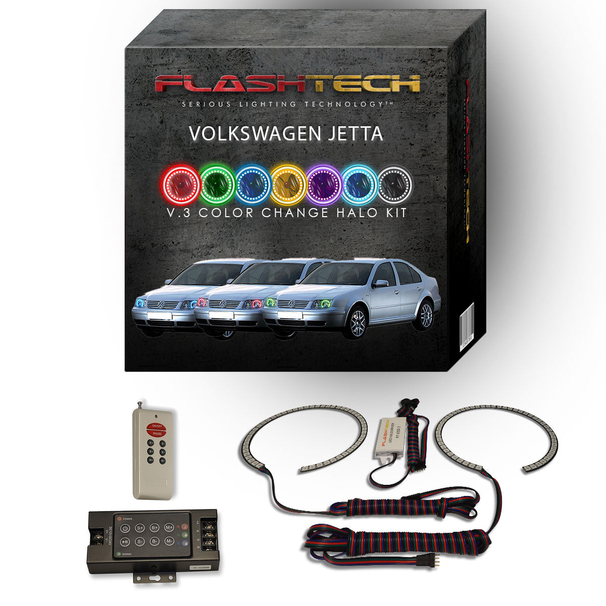 Volkswagen-Jetta-1999, 2000, 2001, 2002, 2003, 2004-LED-Halo-Headlights-RGB-IR Remote-VW-JT9904-V3HIR