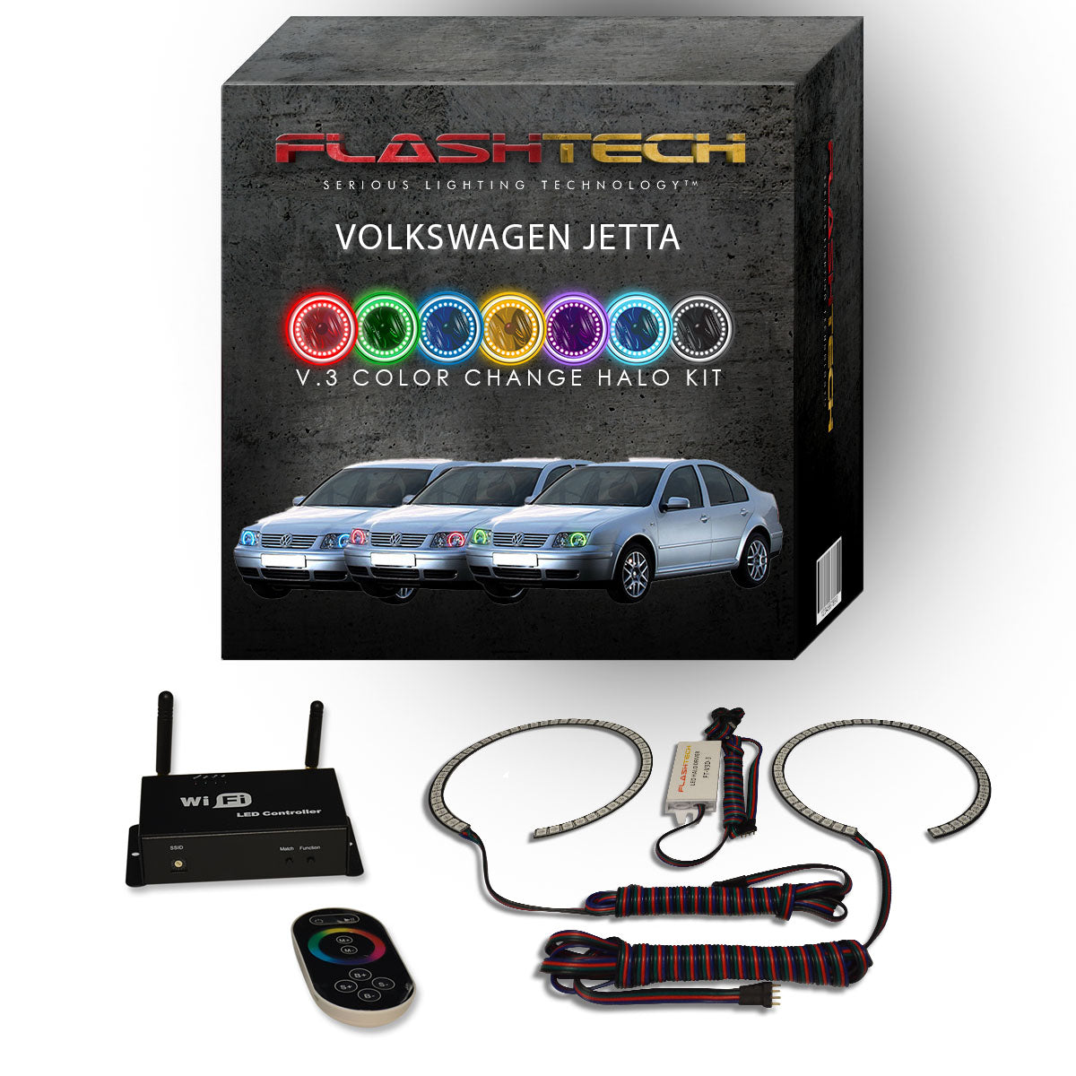Volkswagen-Jetta-1999, 2000, 2001, 2002, 2003, 2004-LED-Halo-Headlights-RGB-IR Remote-VW-JT9904-V3HIR