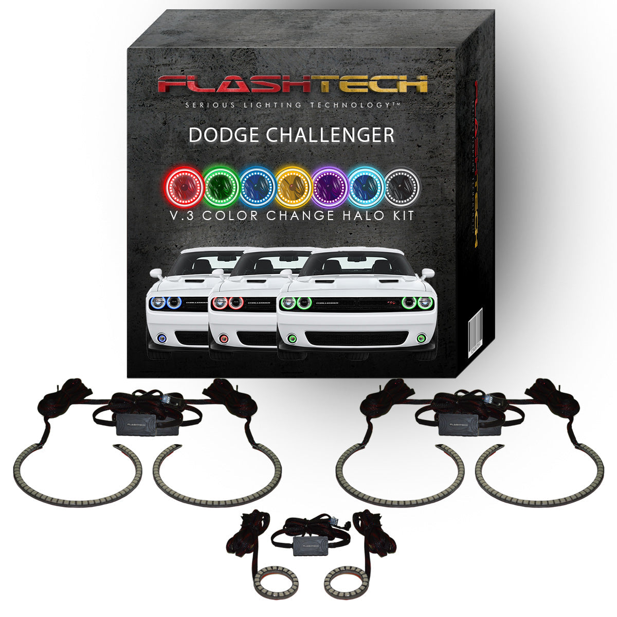 Dodge Challenger Multi Color Change External Waterproof LED Halo Headlight Fog Light Kit 2015-2023