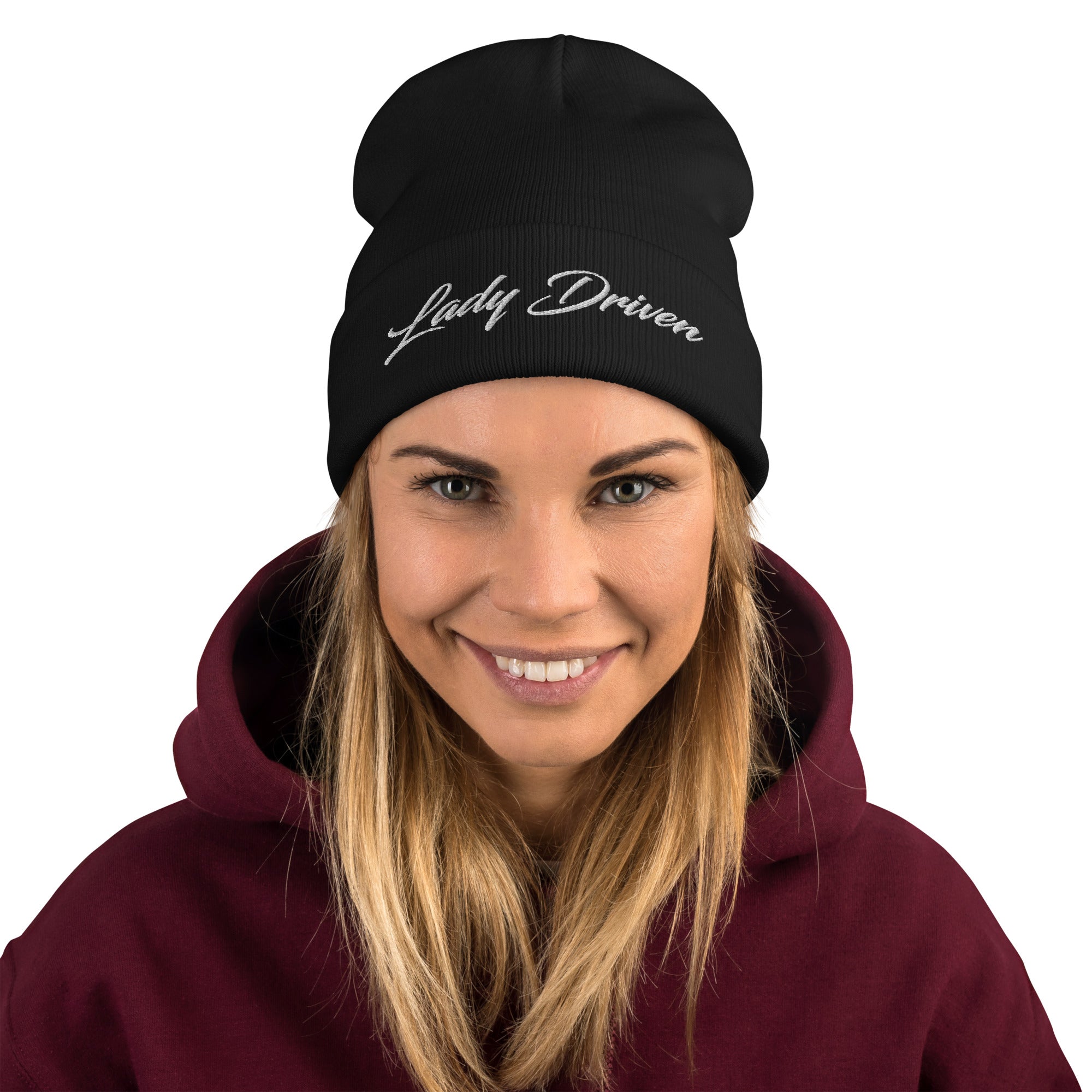 Lady Driven Embroidered Beanie (White Lettering)